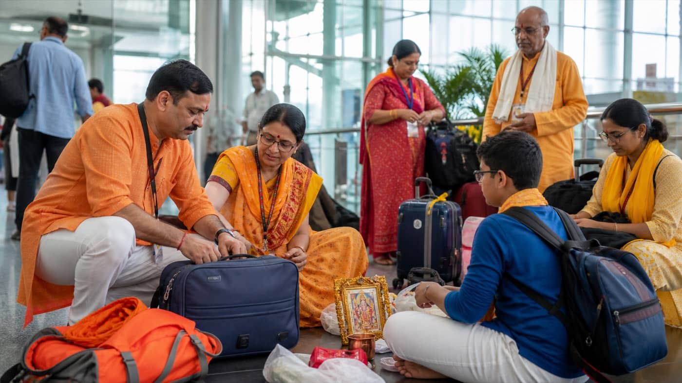 Pilgrims preparing for a community journey from Varanasi