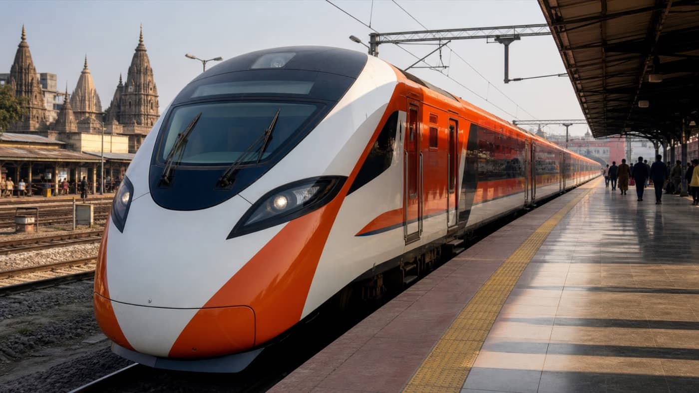 Modern semi-high-speed train standing at Varanasi railway station