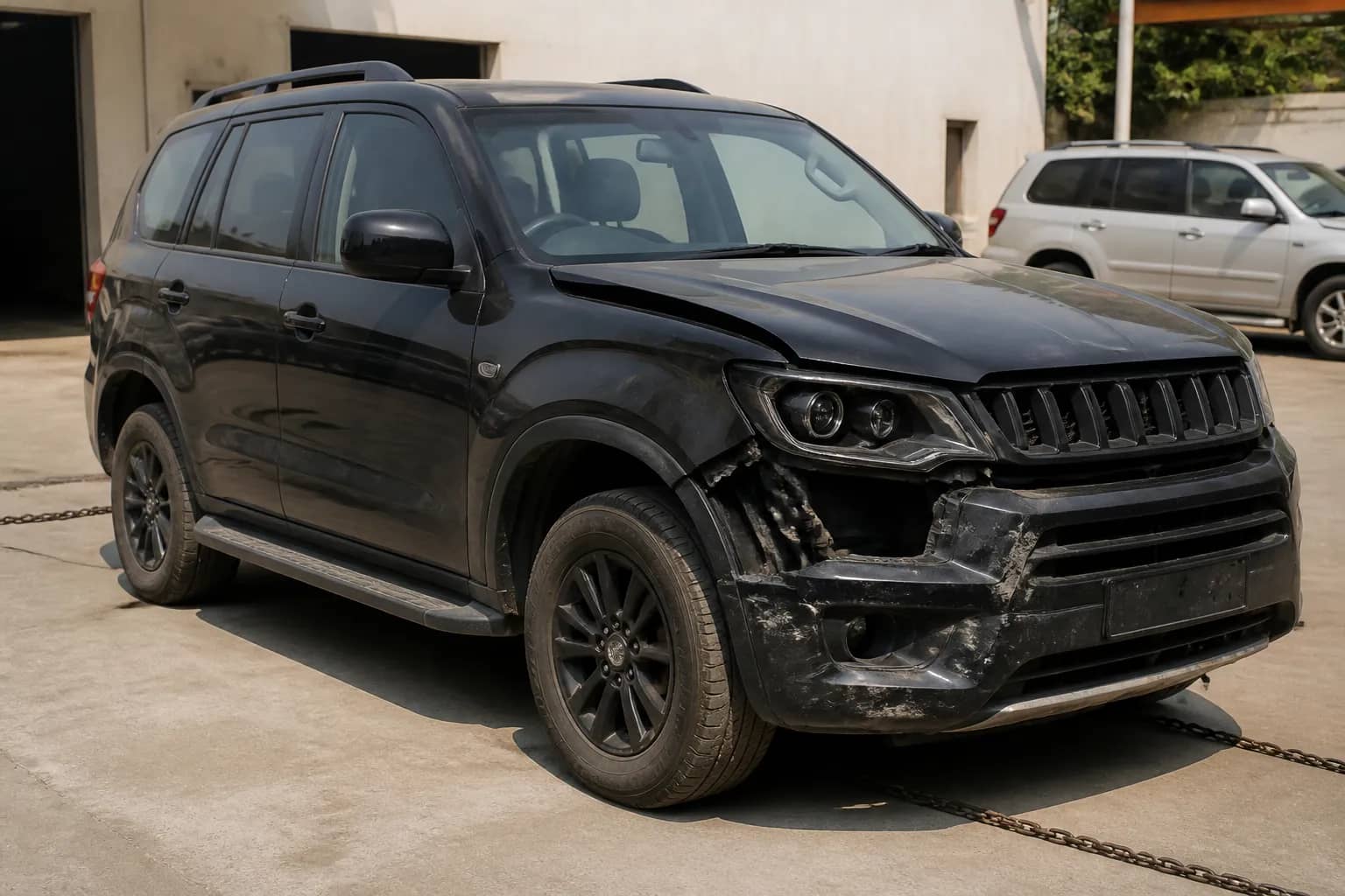 Damaged unmarked SUV parked inside a Gurugram police facility