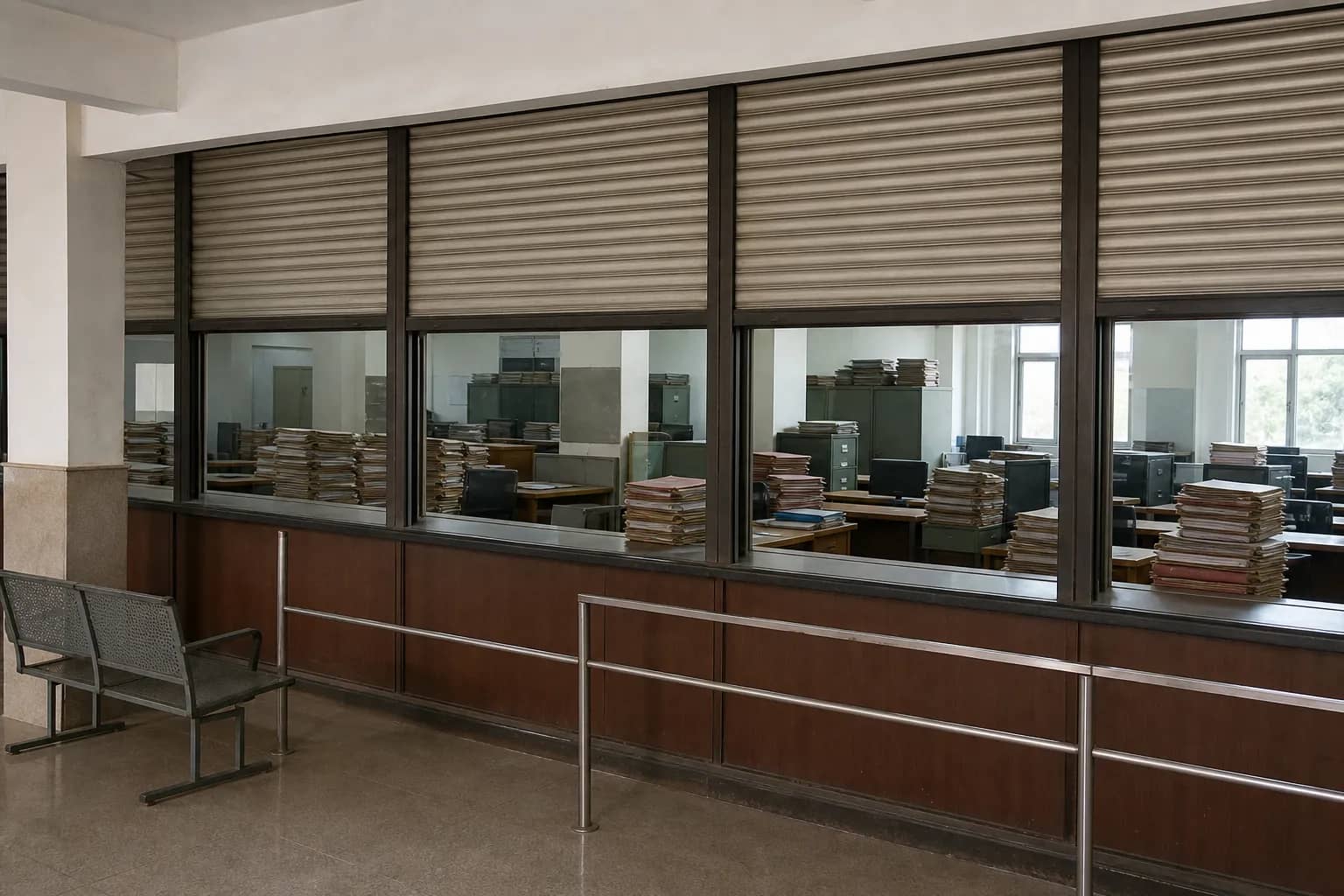 Closed public service counters at a Gurugram revenue office during a strike