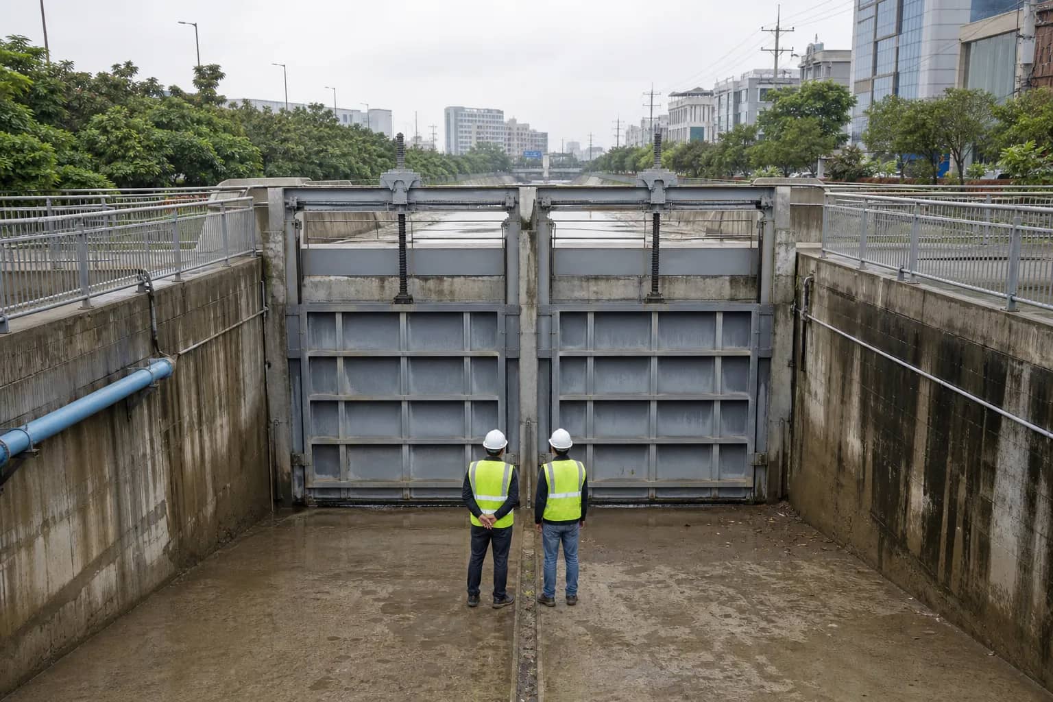 Engineers inspecting a large stormwater drain gate near Sohna Road Gurugram