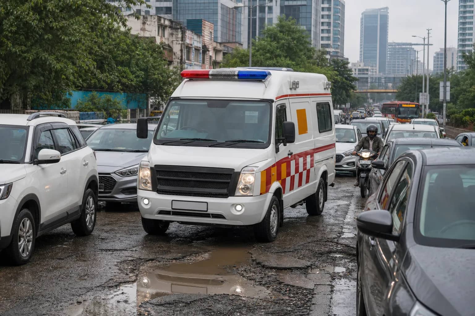 Ambulance moving through congested traffic on a damaged Gurugram road