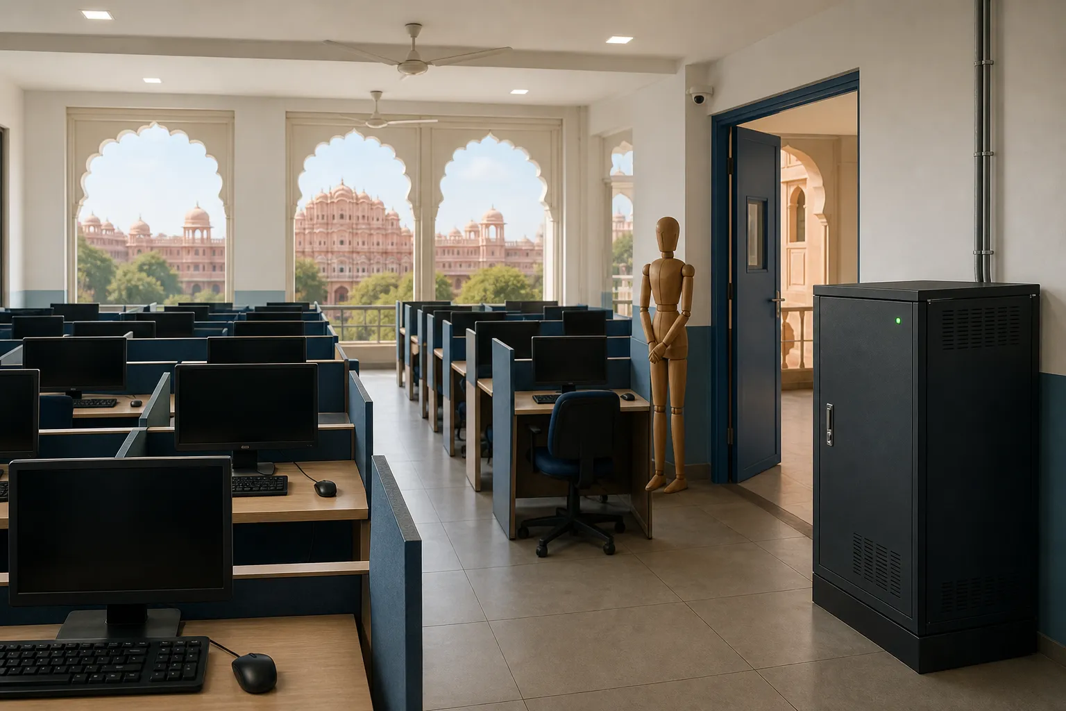 Representational examination hall with computer terminals and a power backup unit