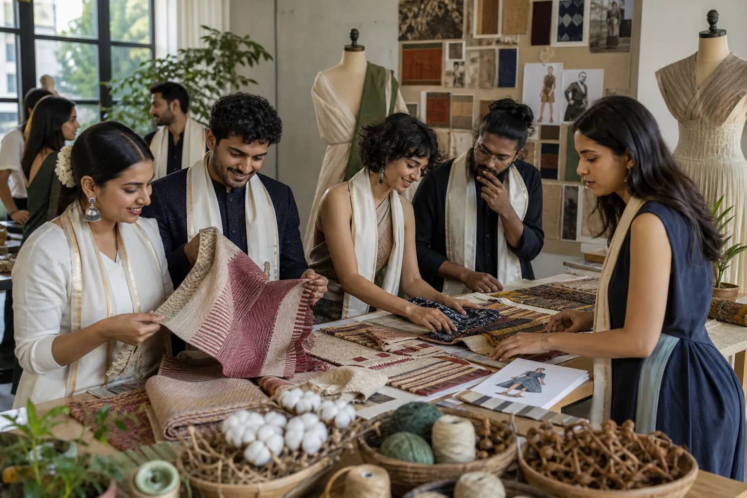 Representational fashion design graduates viewing Indian textiles in a convocation studio