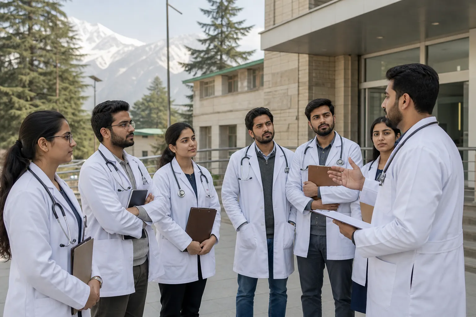 Representational medical interns in white coats holding a peaceful meeting outside a hospital