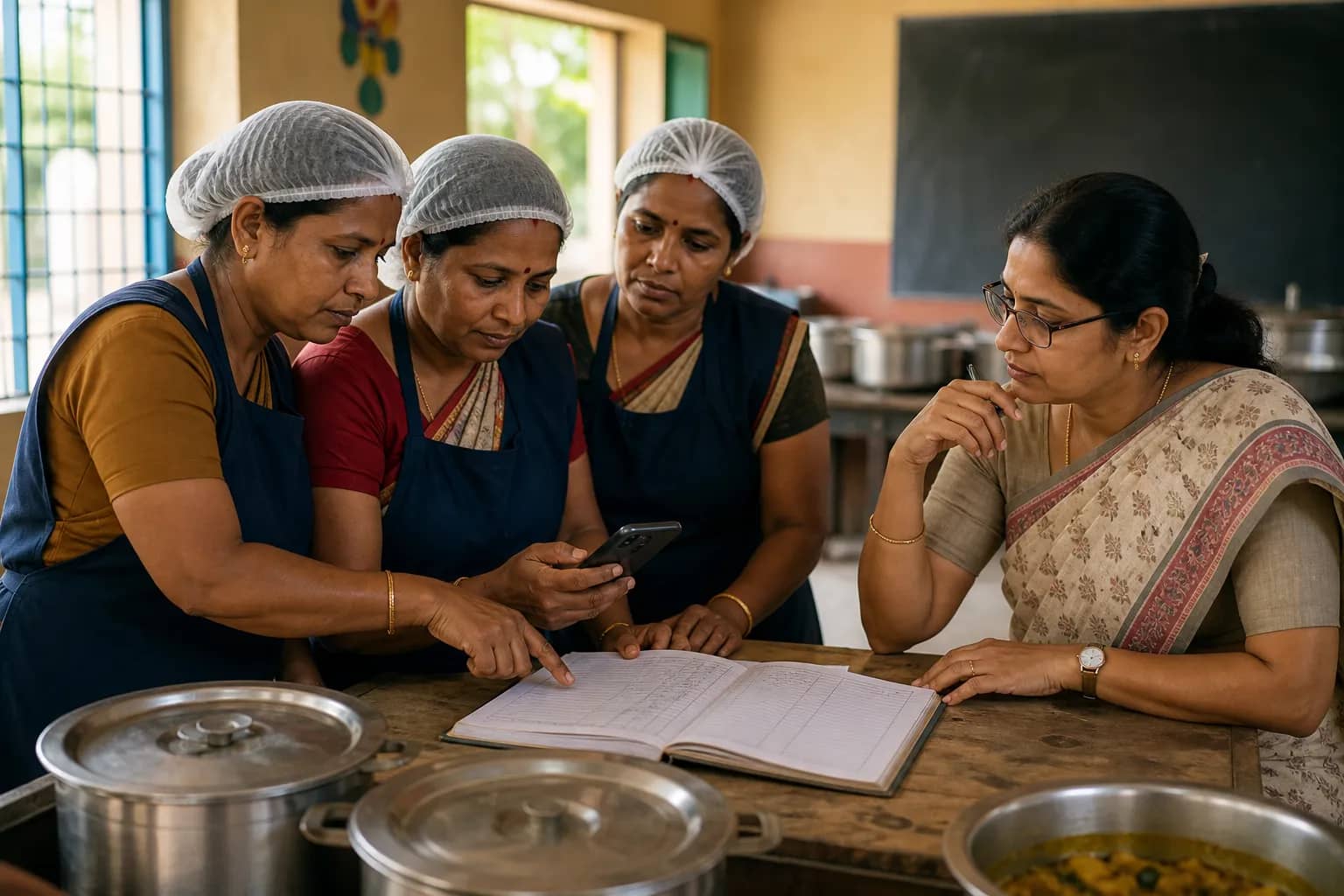 Representational school kitchen workers checking a payment register beside prepared meals