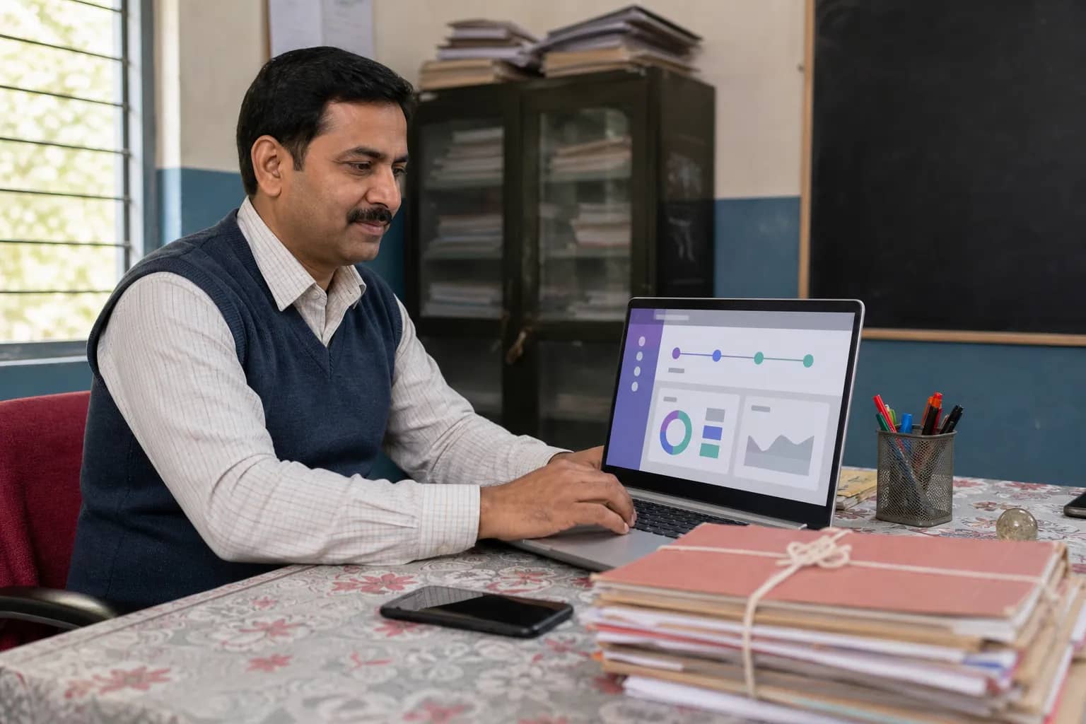 Representational Bihar teacher using a digital grievance portal in a school office