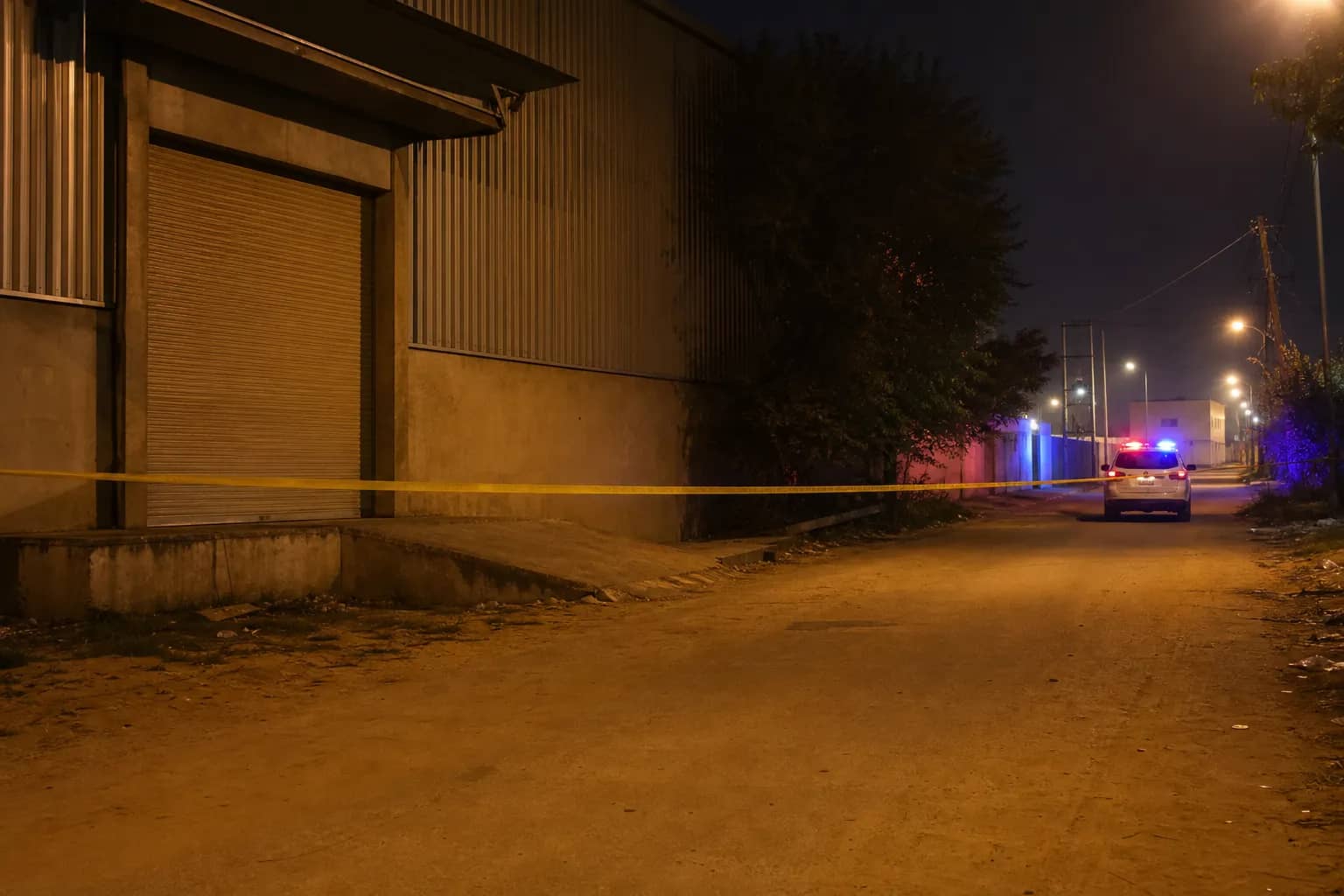 Police vehicle outside a warehouse lane in Farrukhnagar at night