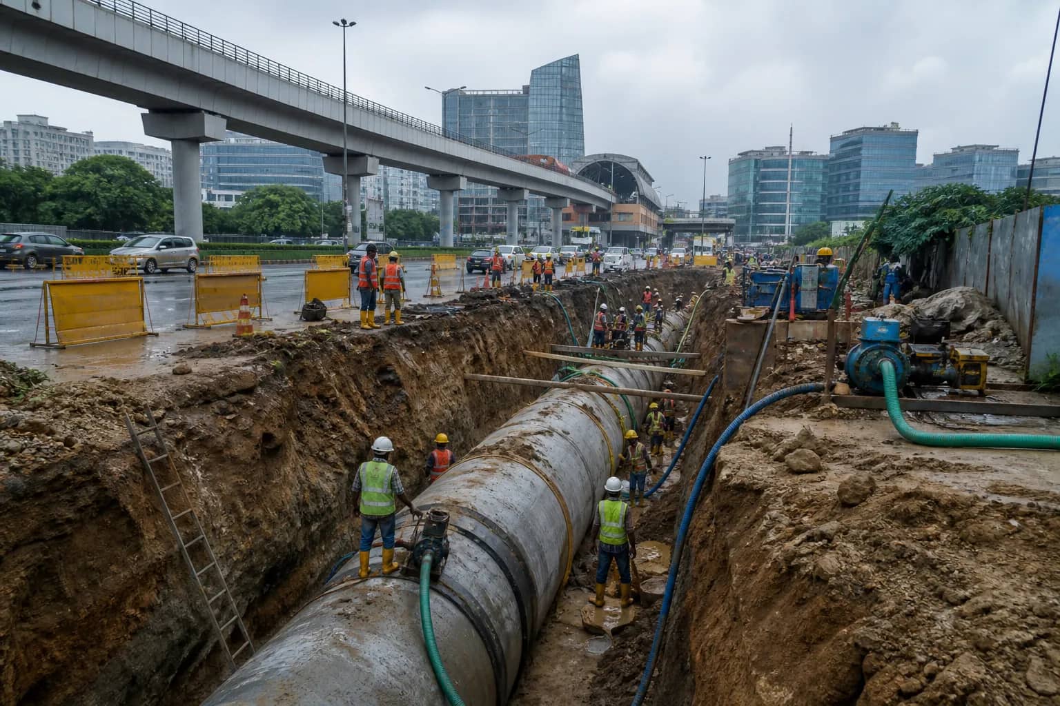 Workers repairing a deep sewer trench beside the IFFCO Chowk service lane