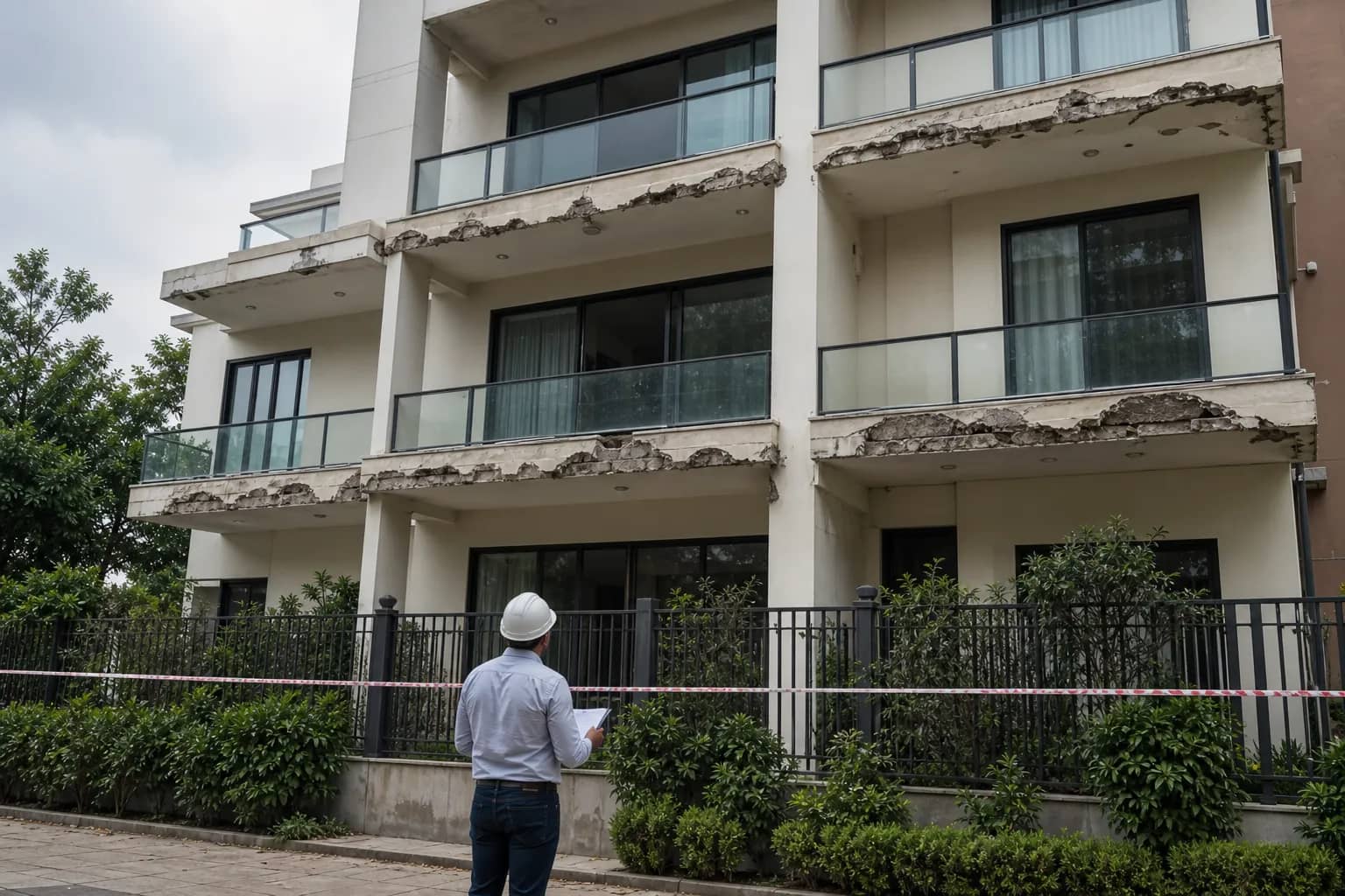 Damaged balconies on an older residential building cordoned off for inspection