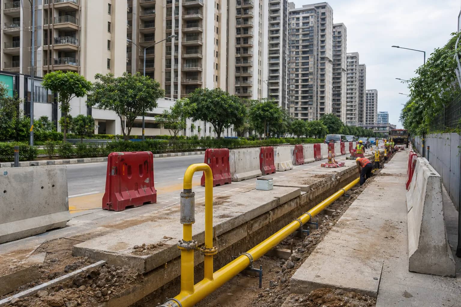 Gas pipeline work and safely barricaded trench outside Gurugram apartments