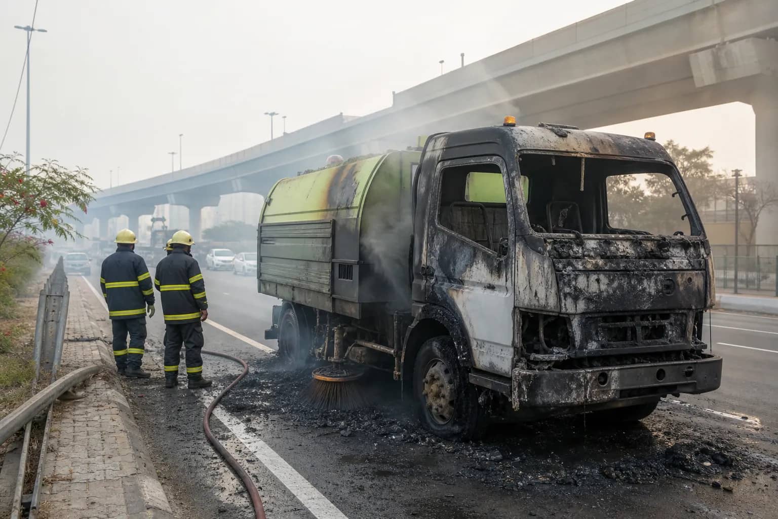 Firefighters attending a municipal road-sweeping vehicle beside an expressway