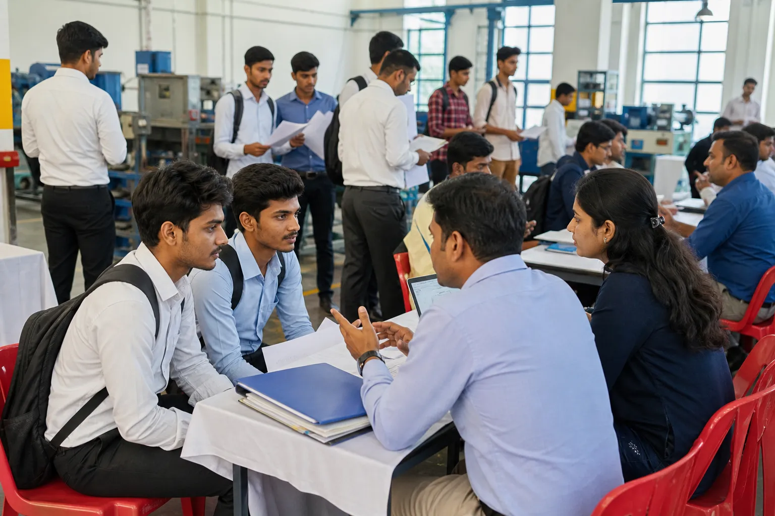 Young technical graduates speaking with recruiters at a Gurugram job fair