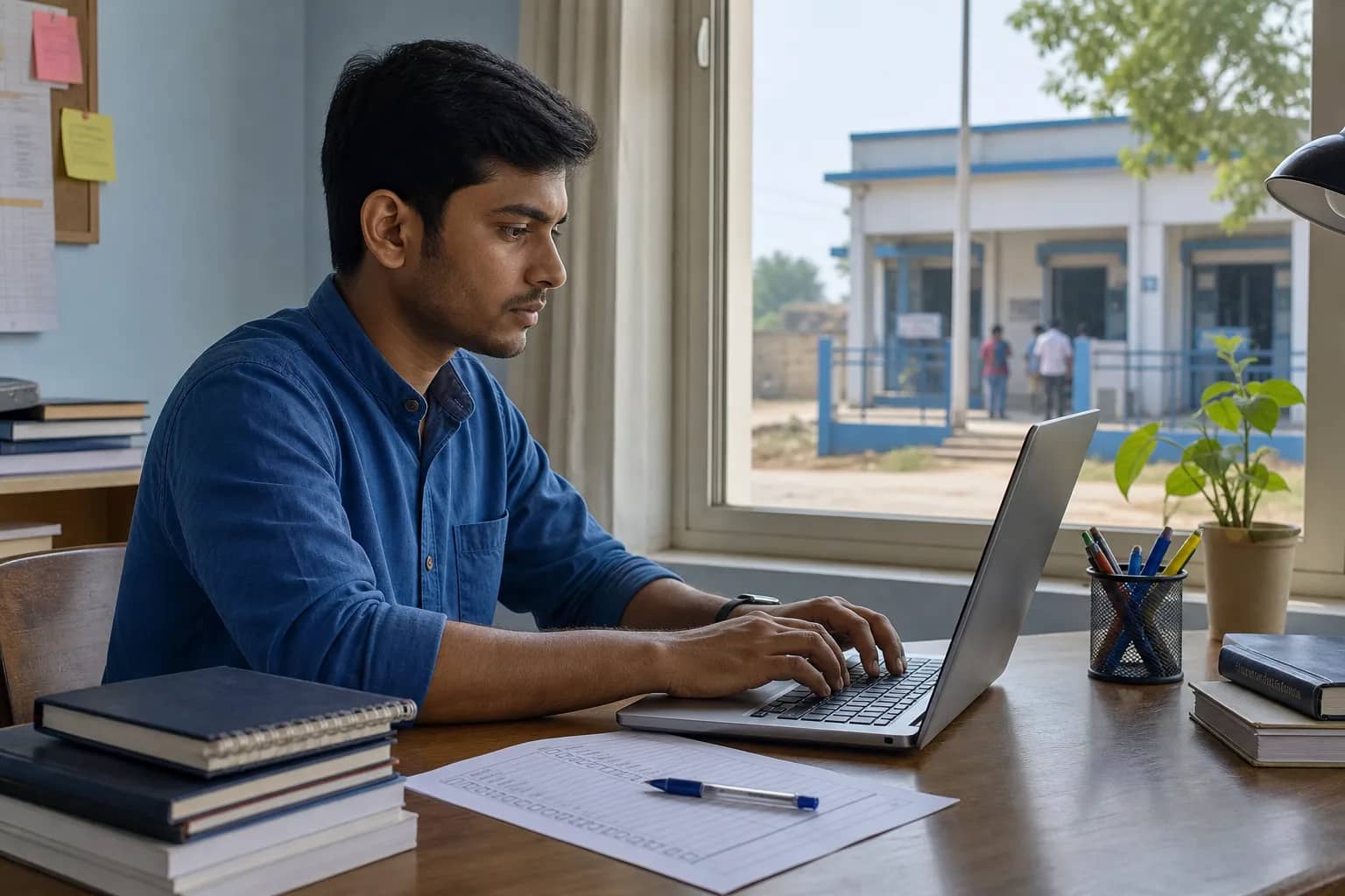 Bank recruitment applicants completing an online IBPS RRB form at a study desk