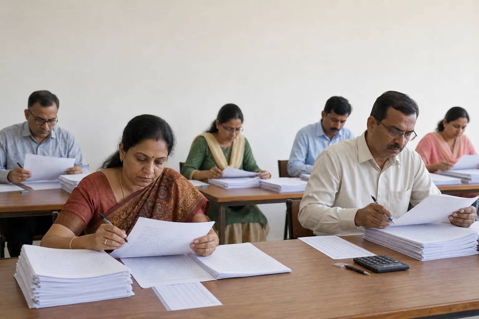 Teachers reviewing board examination answer sheets in an evaluation room