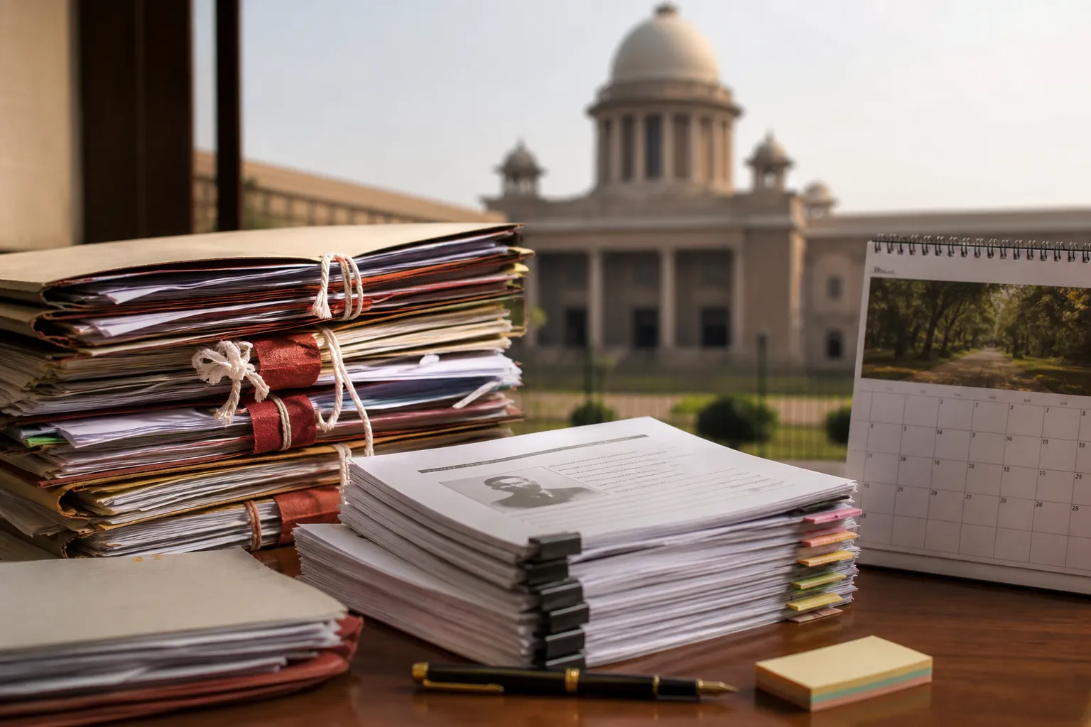 Court papers beside school teacher recruitment files and a calendar