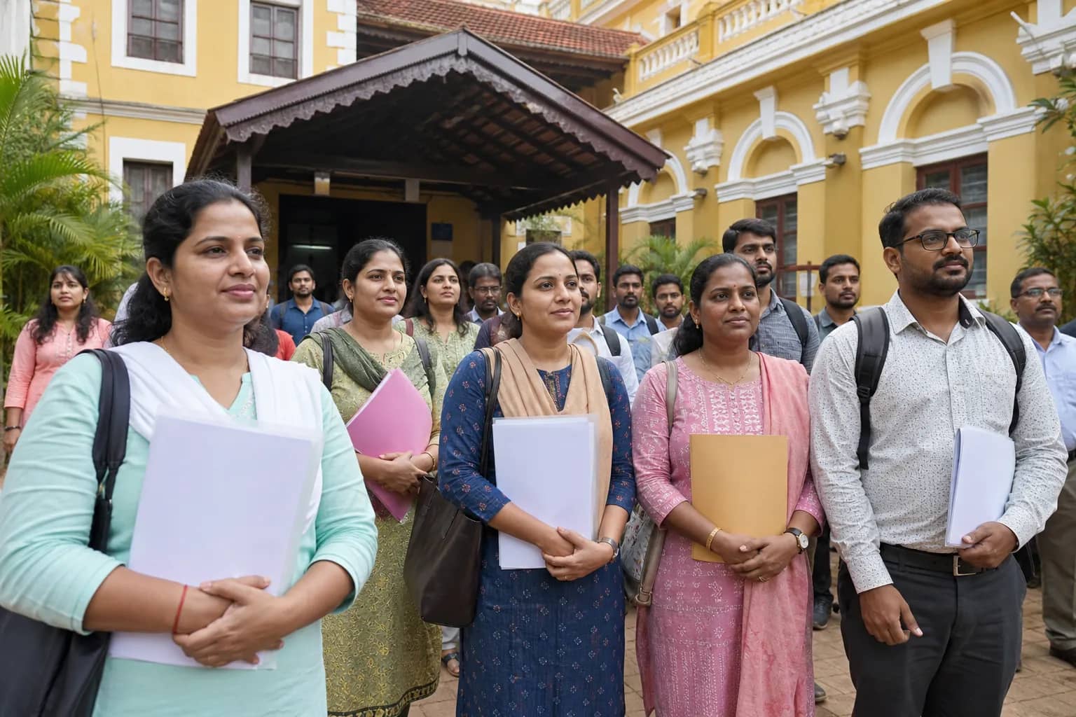 Long-serving contract teachers waiting with employment files outside an education office