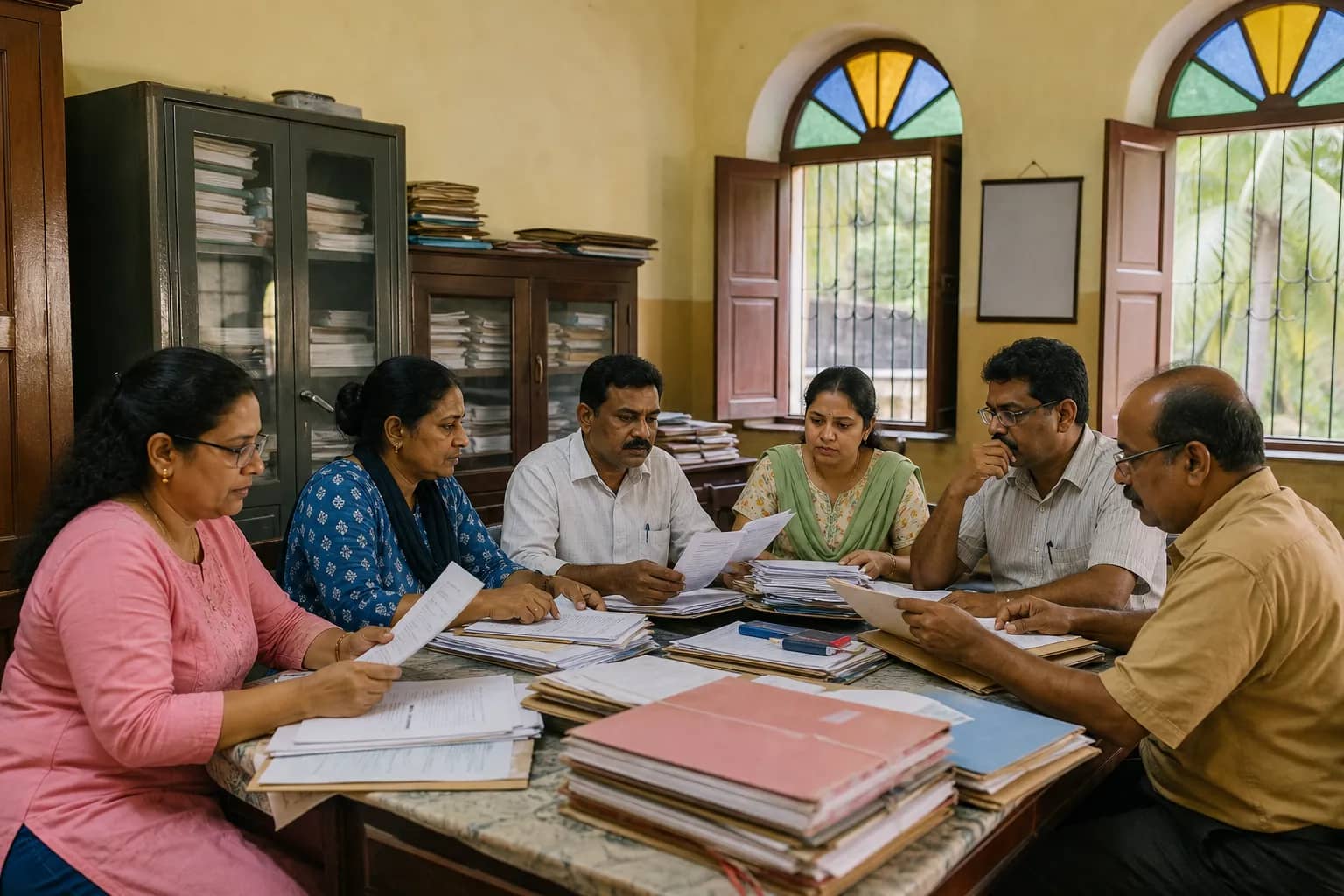 School staff reviewing delayed salary papers in a Goa aided-school office