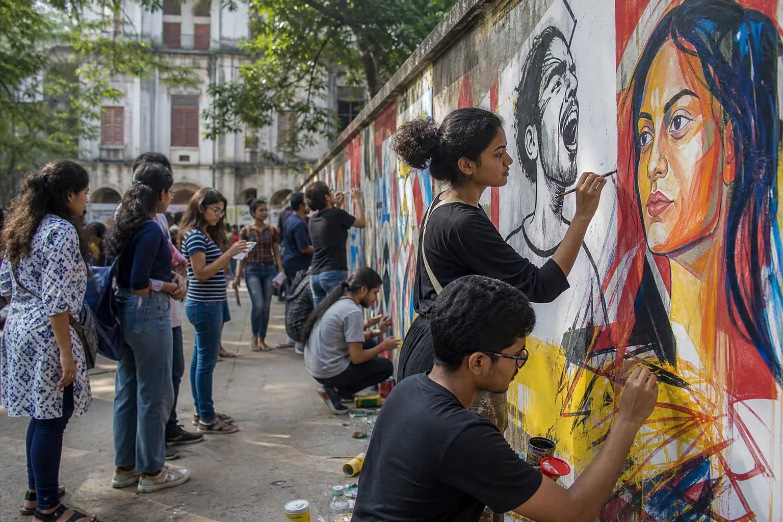 University students painting a campus wall with portraits and abstract slogans