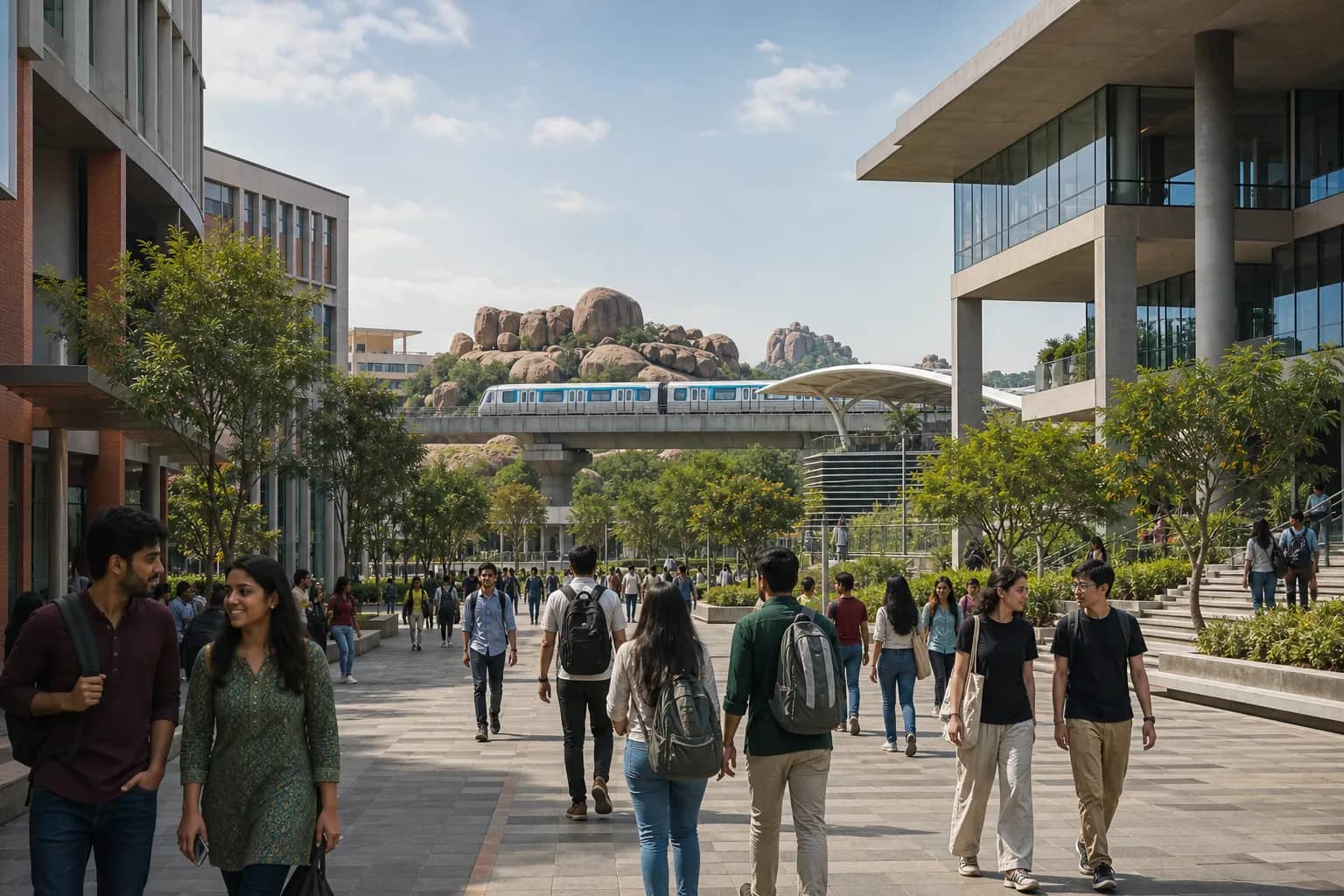 Modern university campus concept in Hyderabad with Indian and international students