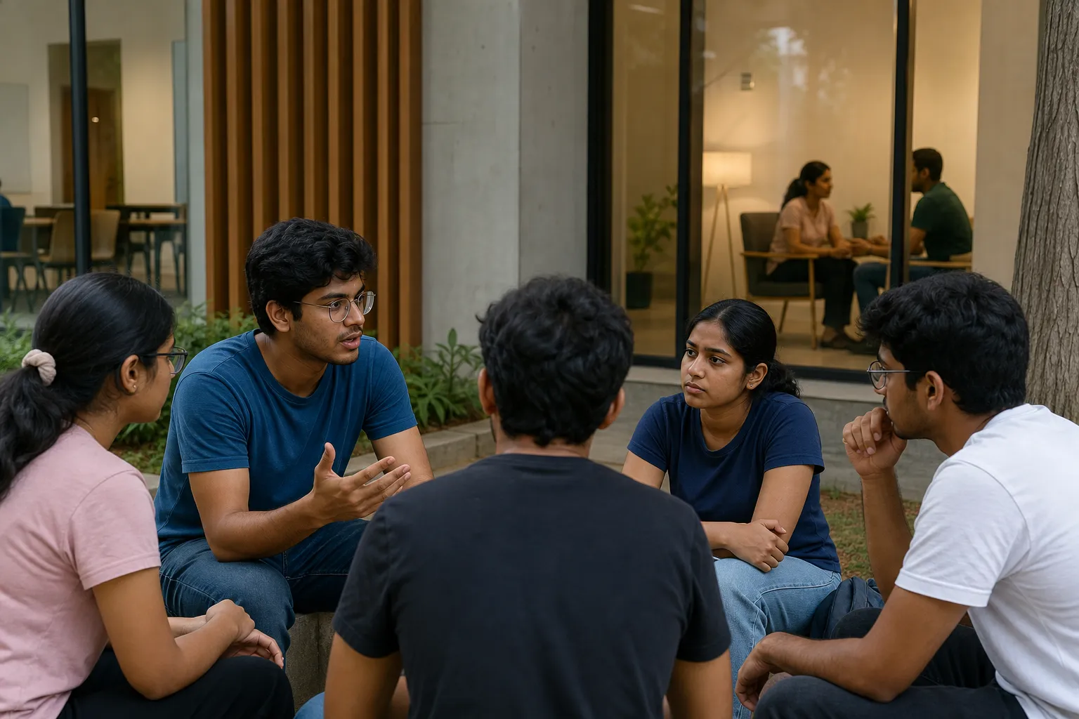 University students discussing a wellbeing programme outside a campus counselling centre