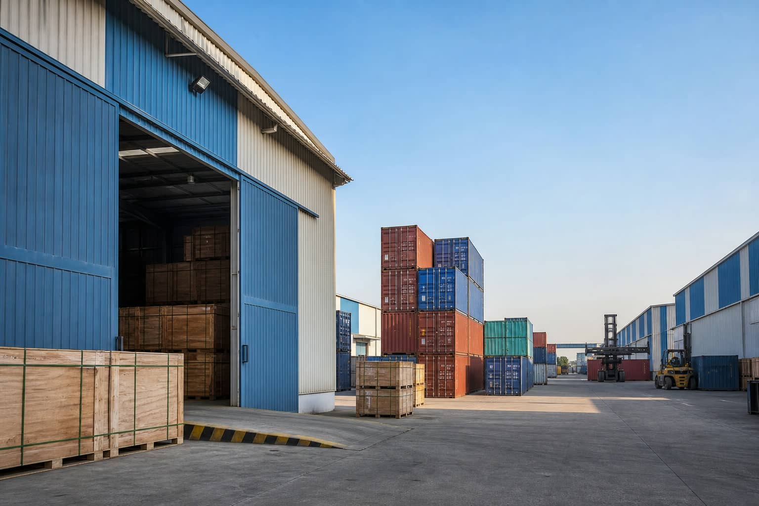 Cargo containers and warehouse sheds at an inland container depot in Gurugram