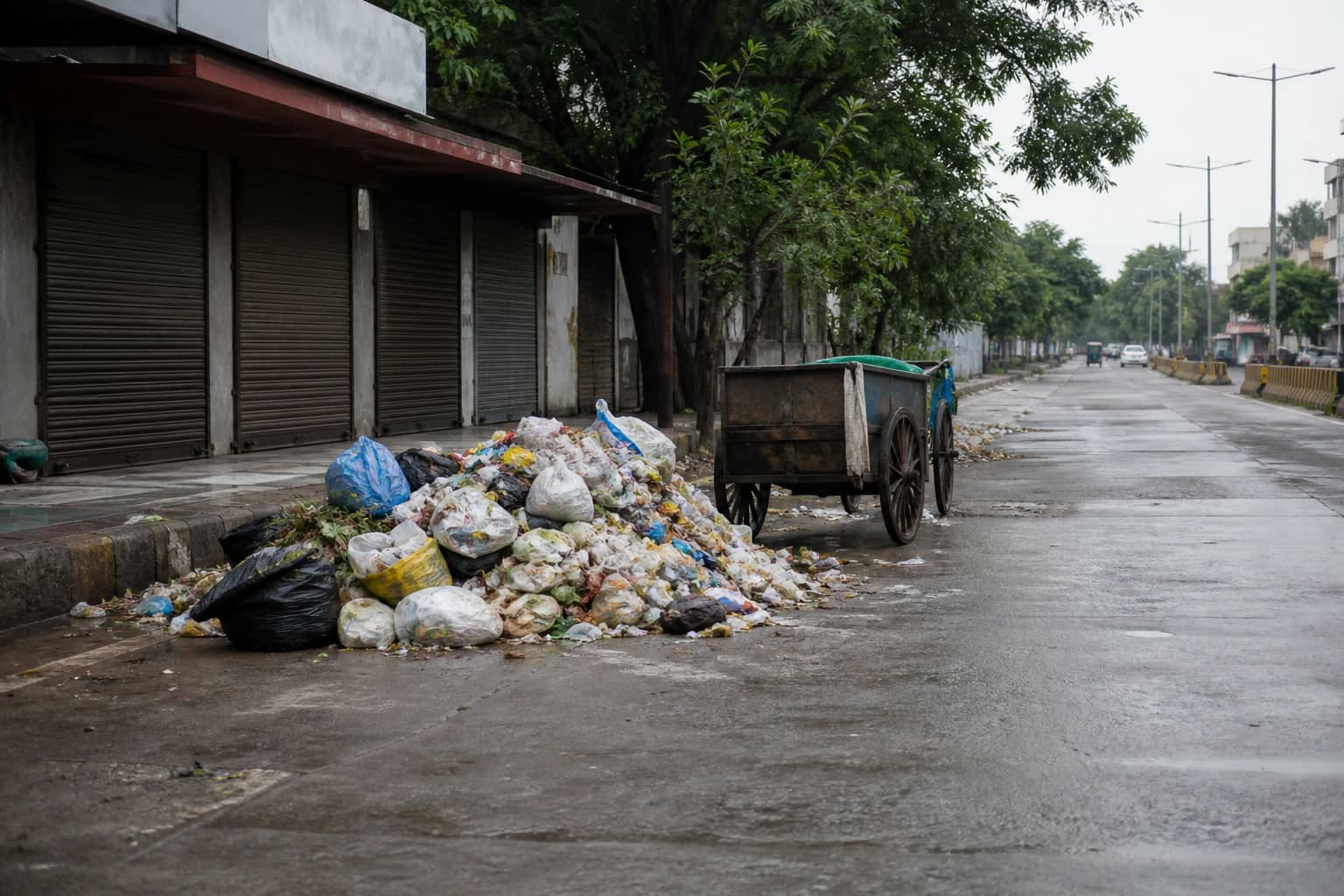 Uncollected waste beside a Gurugram market road during the sanitation strike