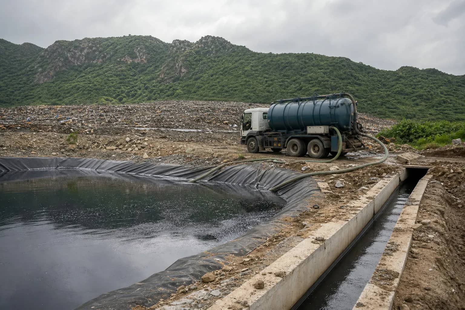Tanker operating beside lined liquid-storage pits at the Bandhwari landfill
