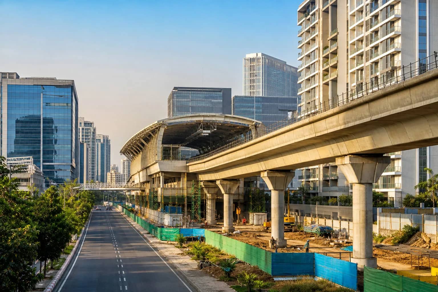 Elevated metro viaduct construction beside commercial towers in Gurugram