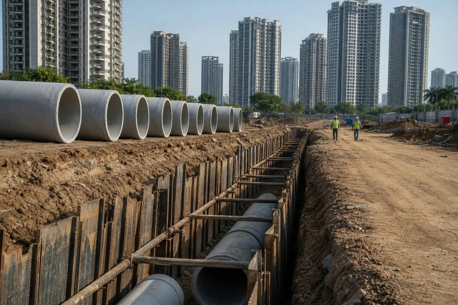 Large sewer pipes being installed along a developing road in New Gurugram