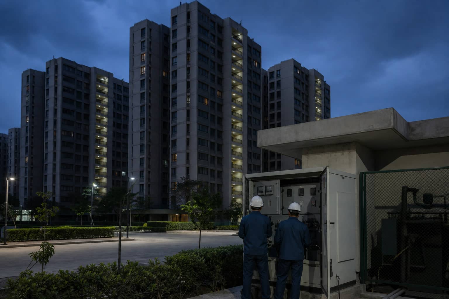 Apartment towers at dusk with maintenance staff inspecting electrical equipment