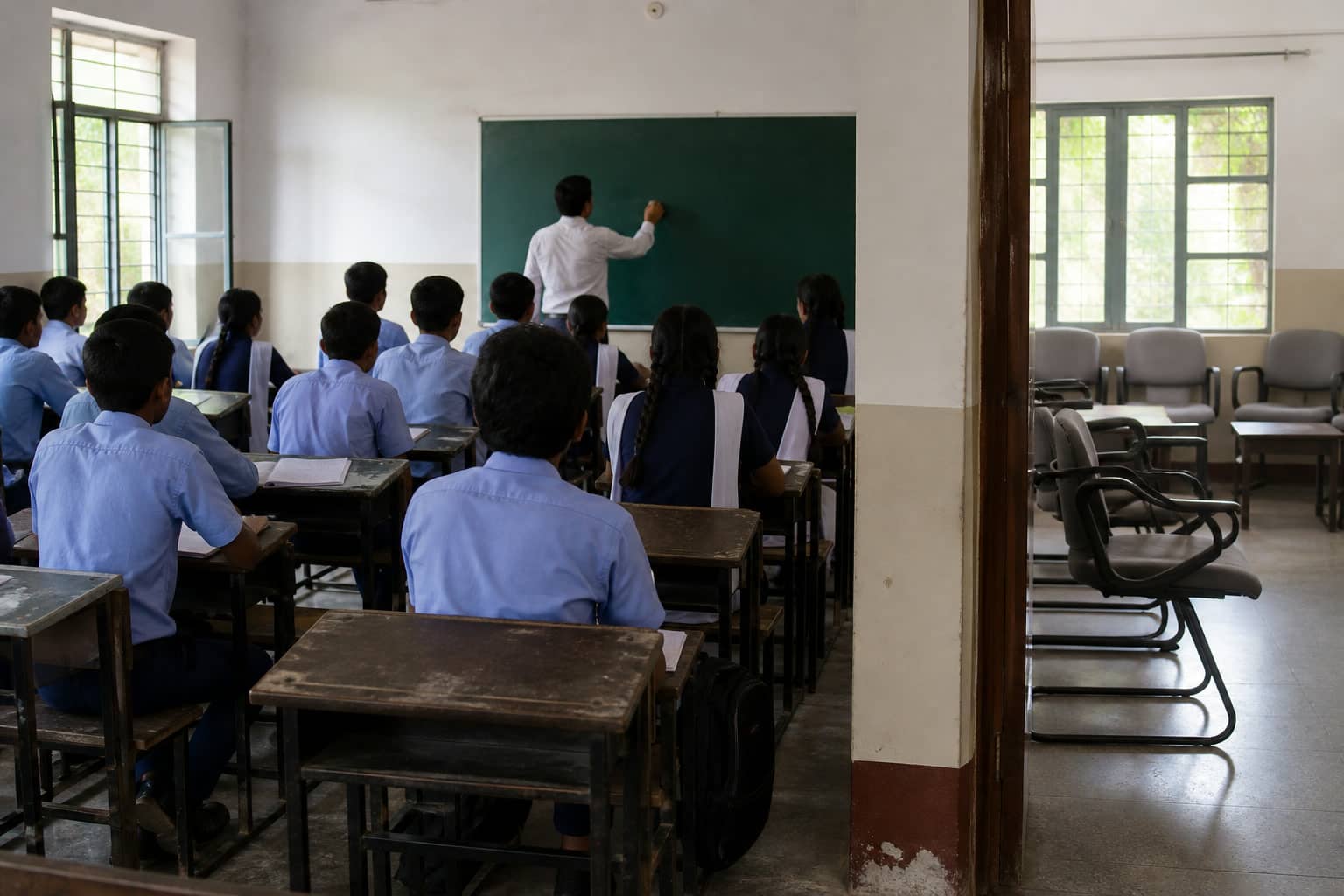 Government school classroom in Gurugram with students waiting for a lesson