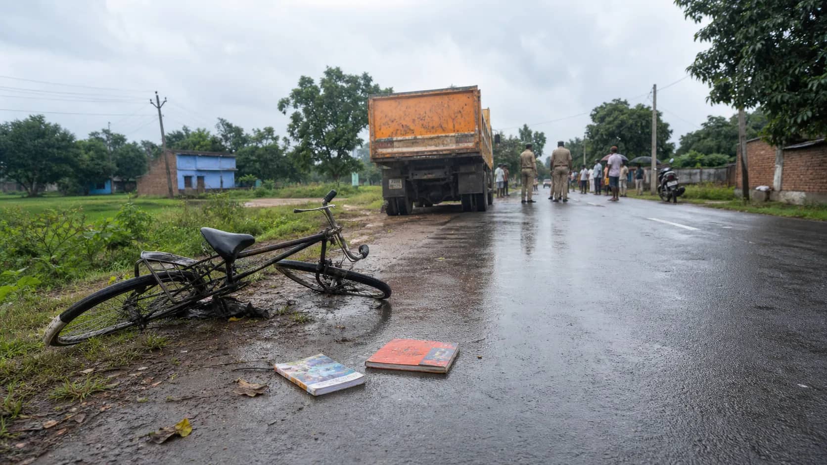 Rain-soaked Chaubepur road with a stopped dumper, bicycle and schoolbooks