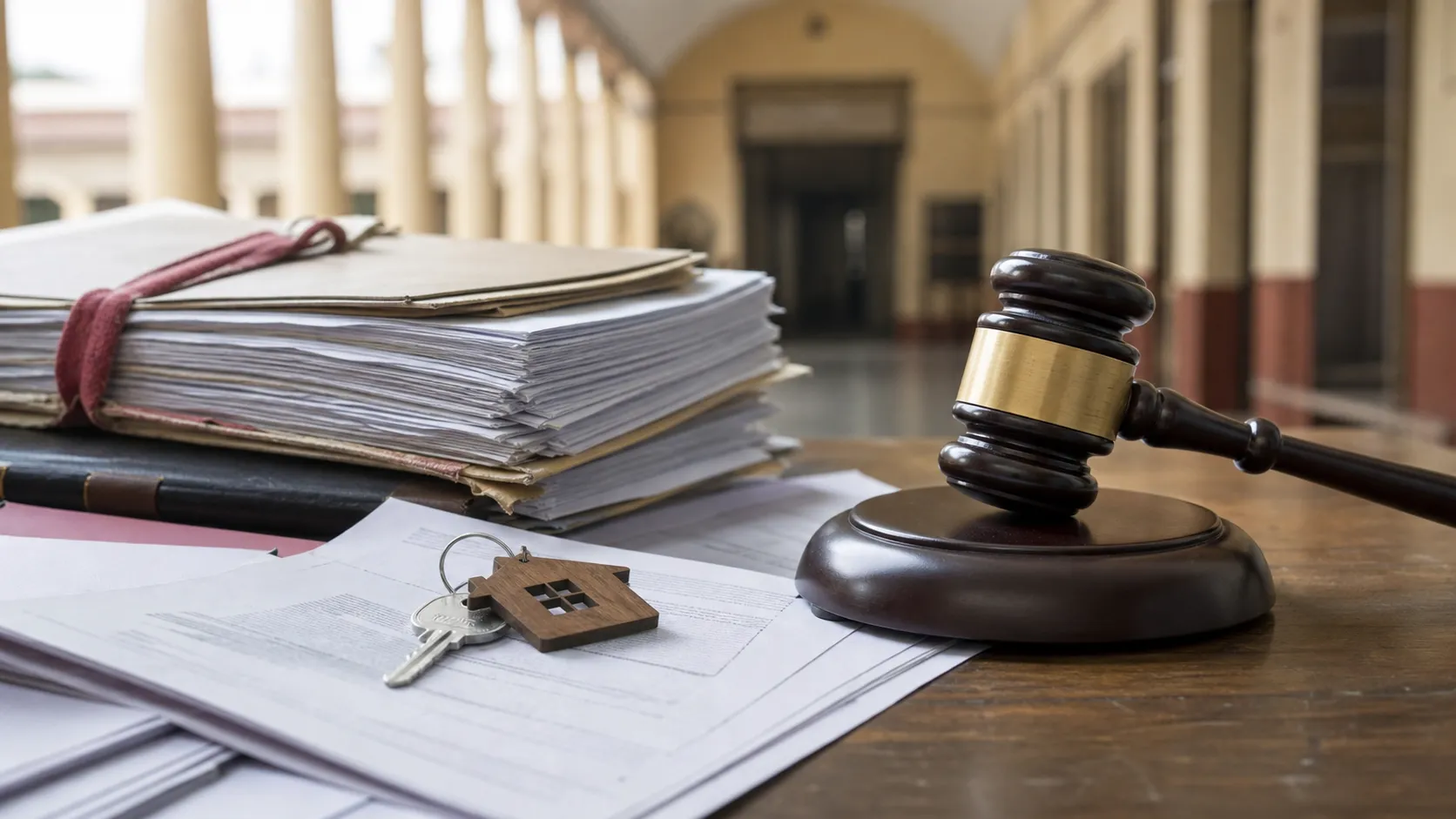 Case files and a judge's gavel beside old property papers