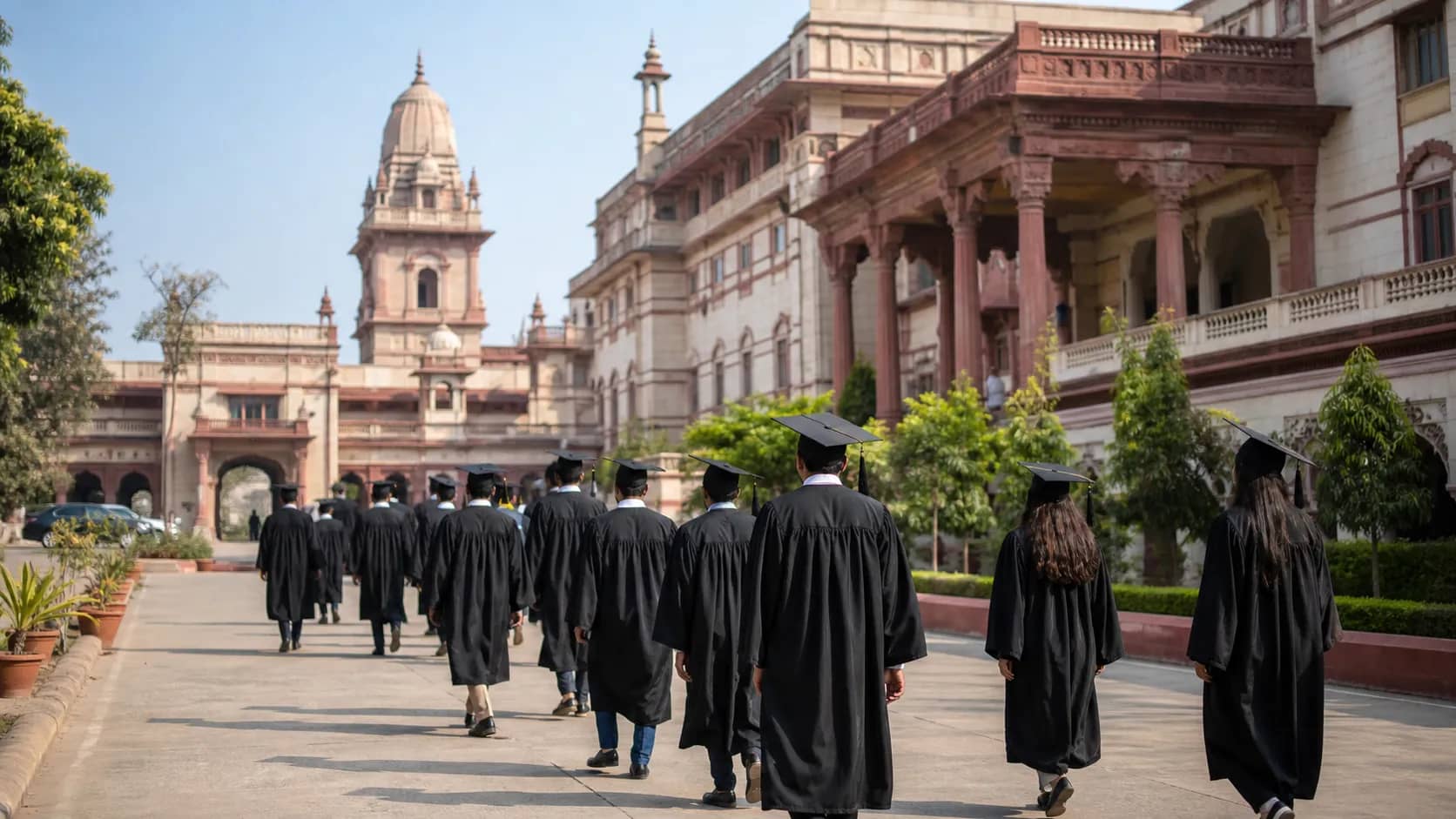 Graduation caps above IIT-BHU's historic campus architecture