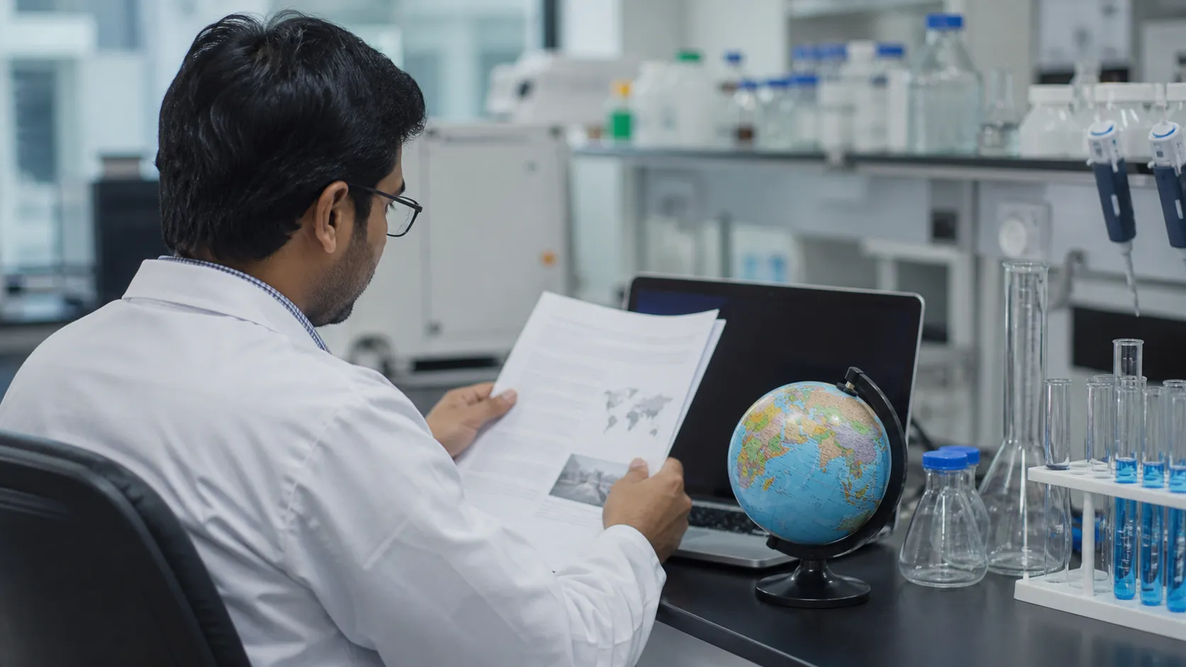 BHU researcher working beside a world map and laboratory equipment