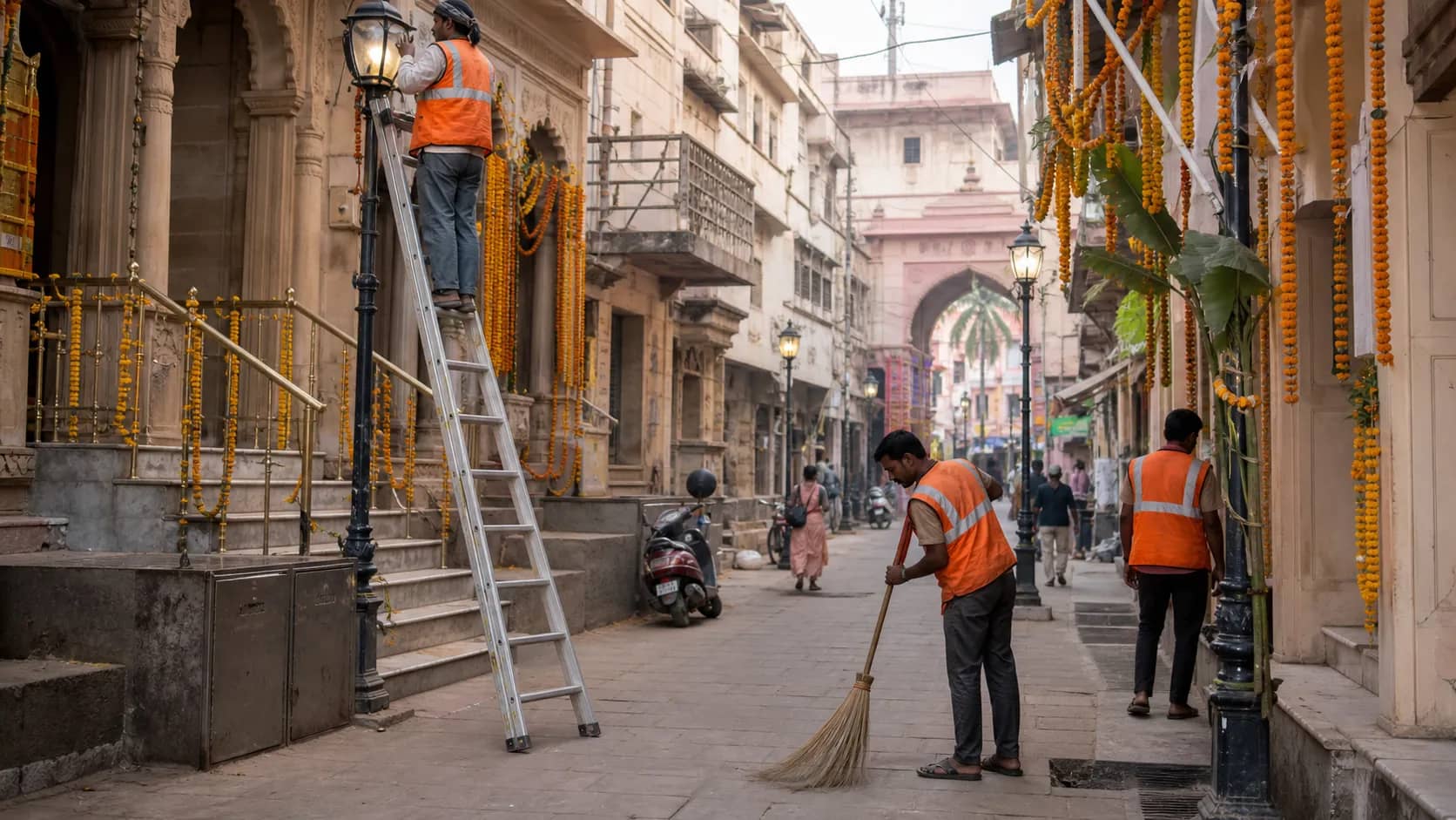 Municipal sanitation workers cleaning a decorated temple lane in Varanasi