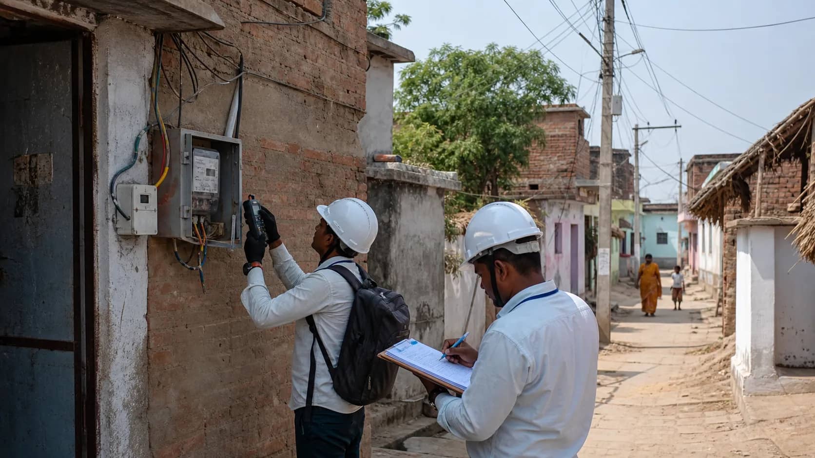 Electricity vigilance team checking meters in a Varanasi village