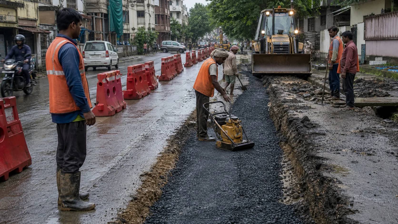 Workers repairing a pipeline-cut road in Varanasi after rain