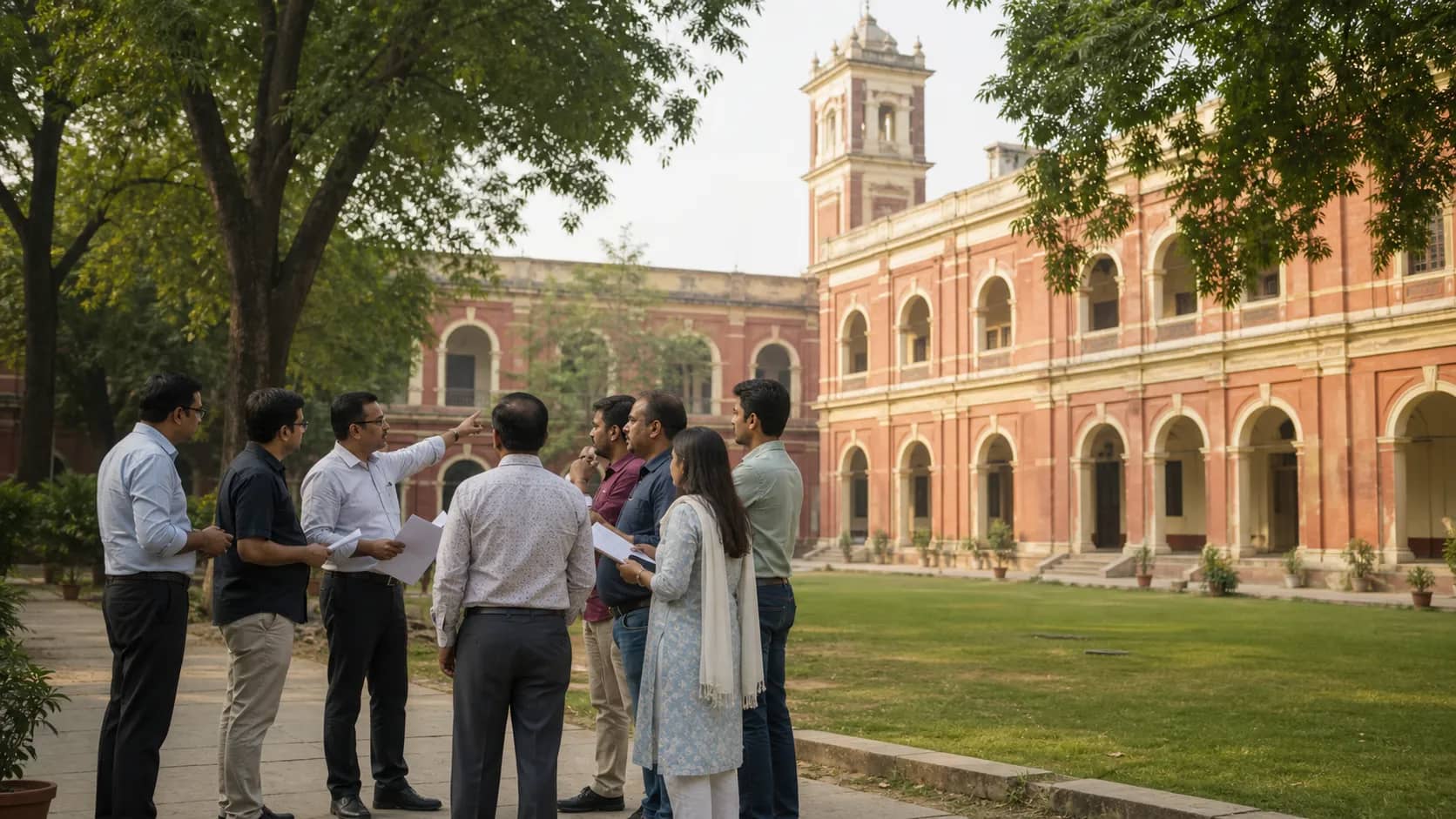 Historic Uday Pratap College building with alumni gathered outside