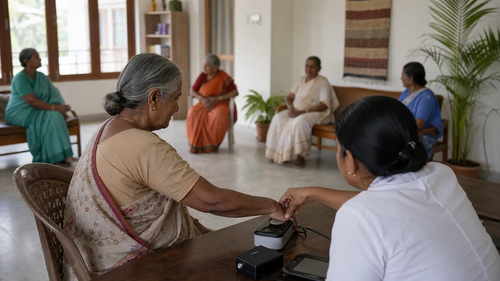 Care workers assisting elderly women at a clean Varanasi shelter