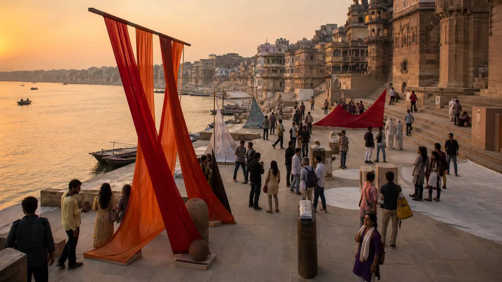 Contemporary art installation among Varanasi's historic lanes and ghats