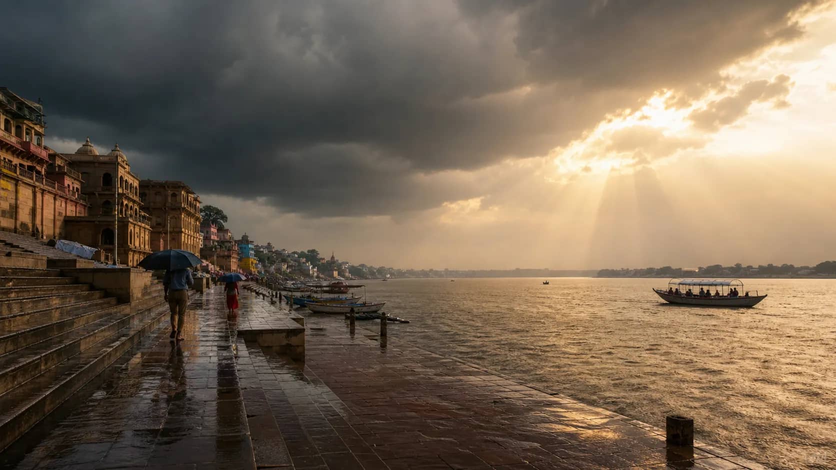 Monsoon clouds breaking over the Varanasi riverfront
