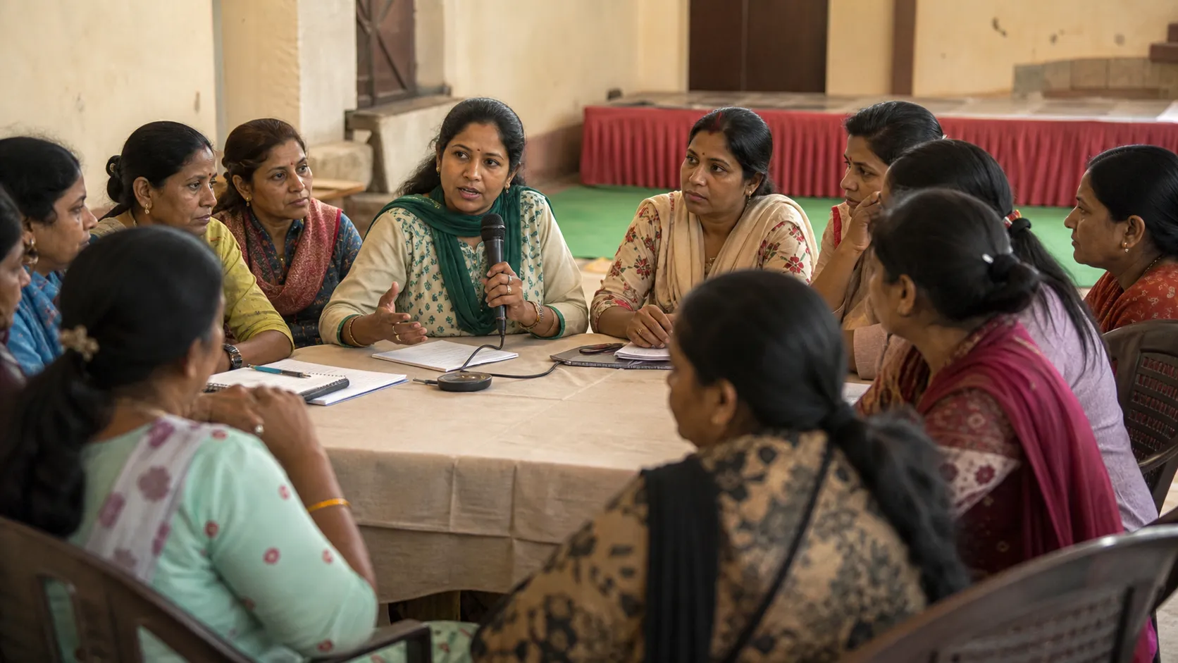 Woman political organiser addressing a small meeting in Varanasi