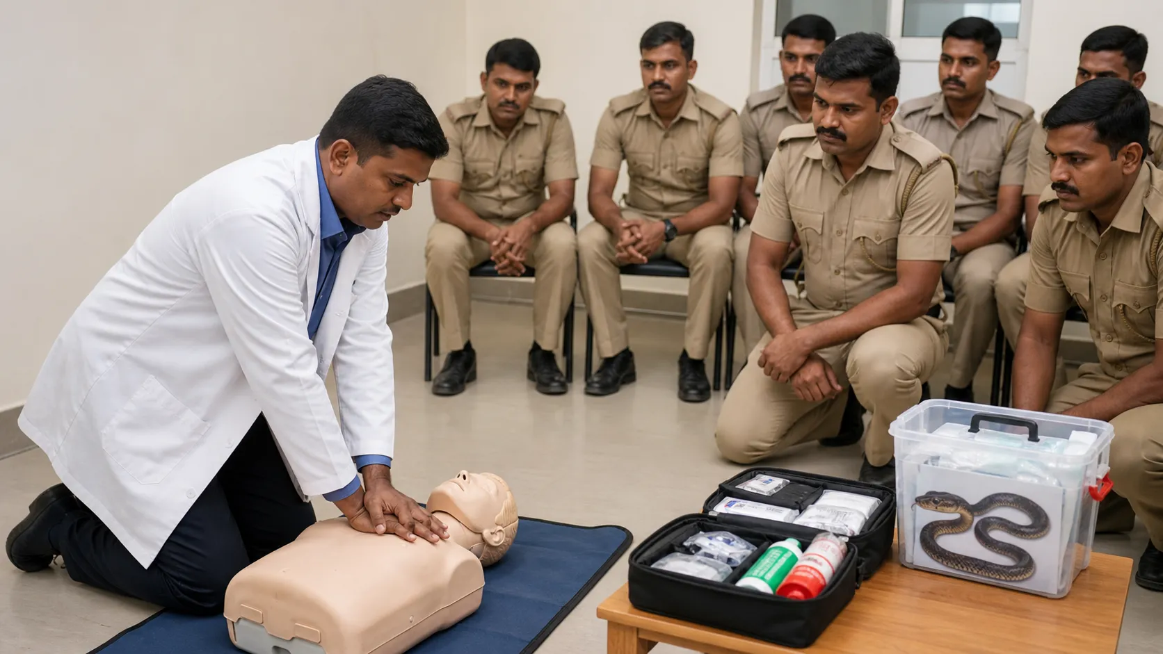 Doctor demonstrating CPR to police personnel at Sigra station