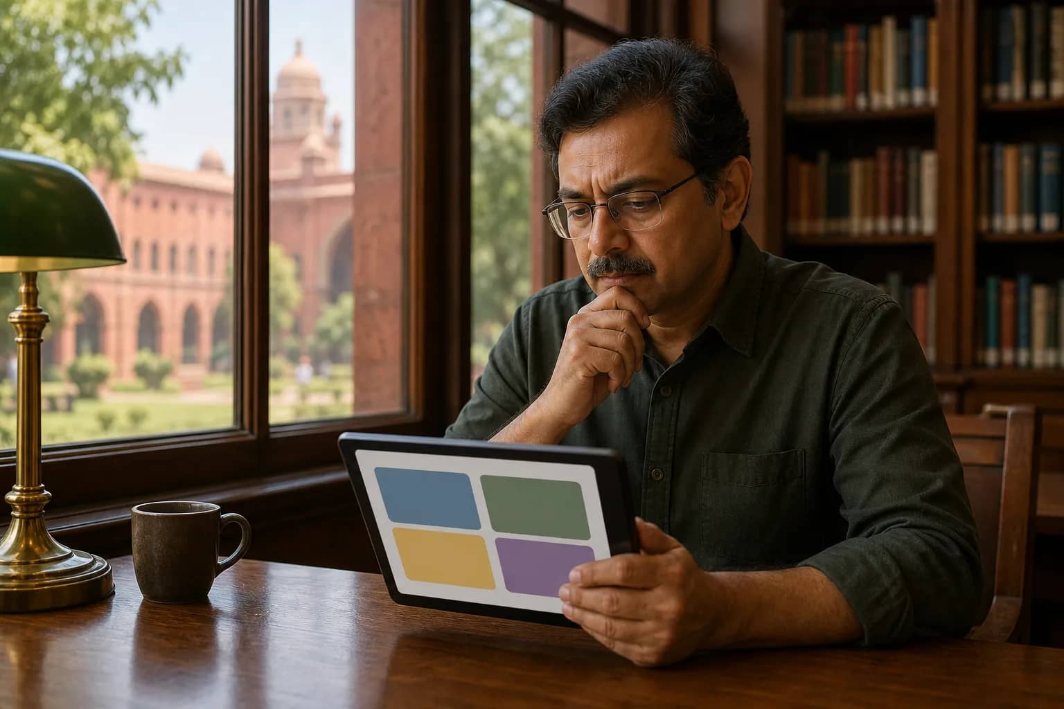 Adult learner reviewing Delhi University course choices at a library desk