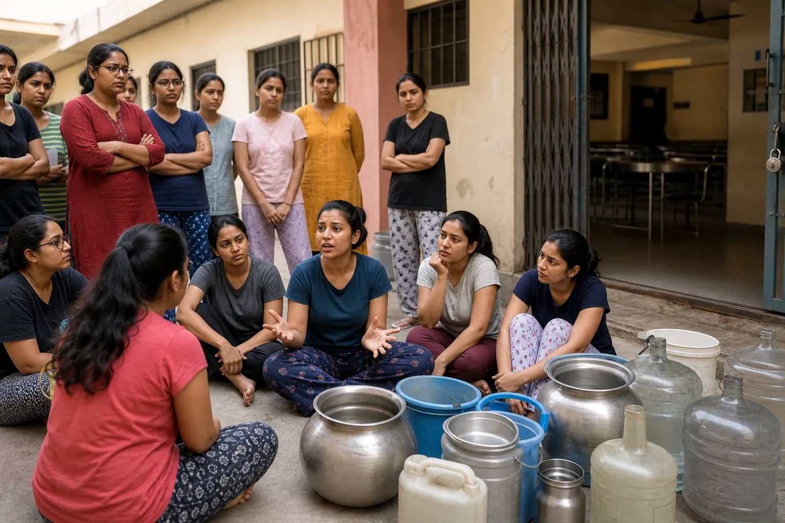Women students gathered in a government hostel courtyard in Surat