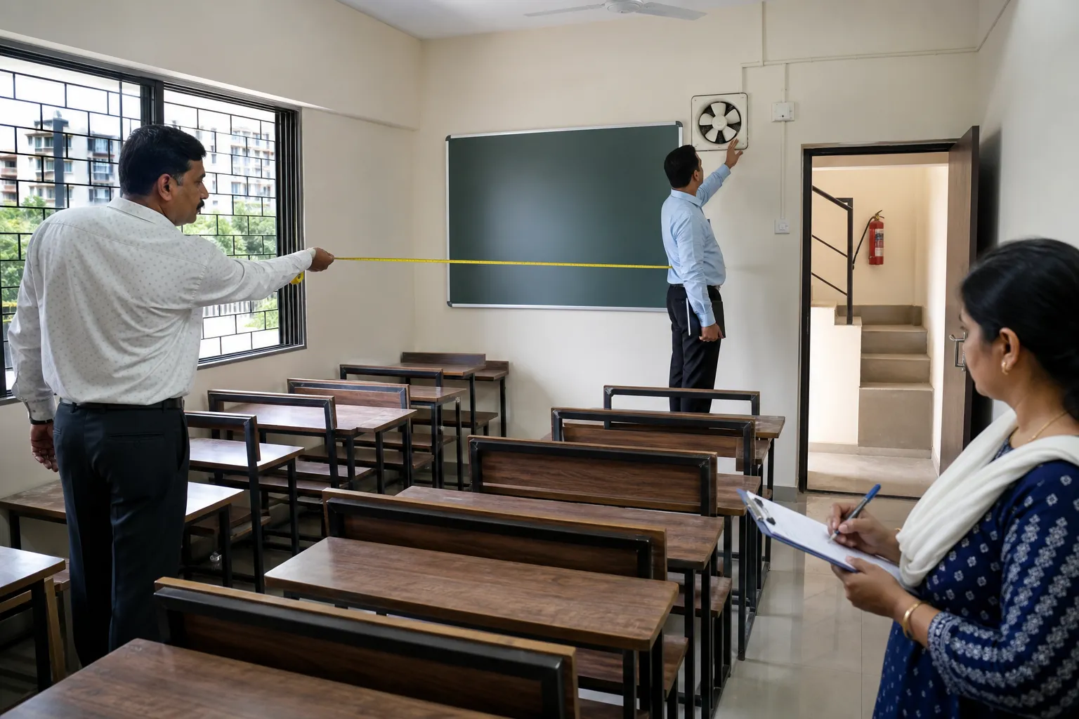 Small coaching classroom arranged for inspection under proposed regulations