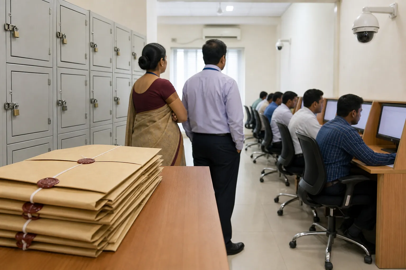 Sealed examination papers and computer terminals in a monitored test room