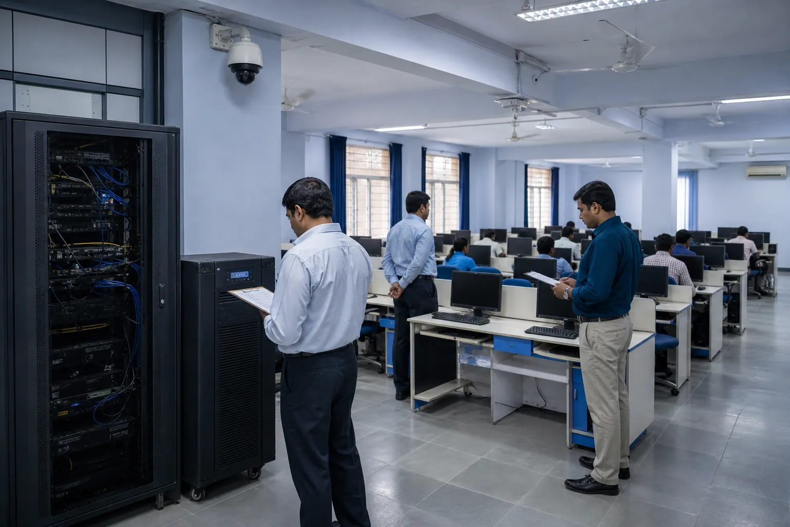 Rows of monitored computers in a government college examination laboratory